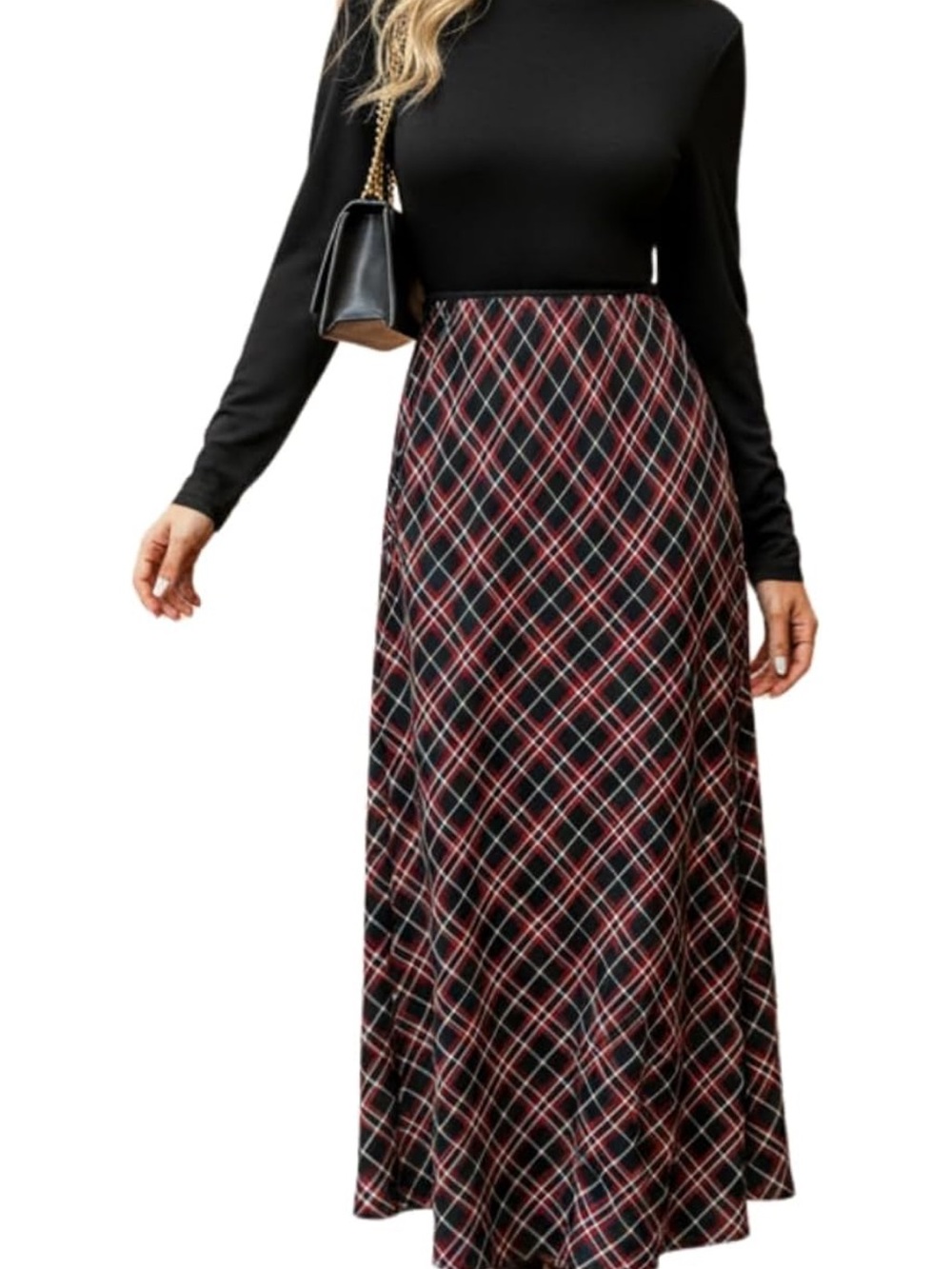 Cupshe Black Long-Sleeve Dress with Red & White Plaid Skirt